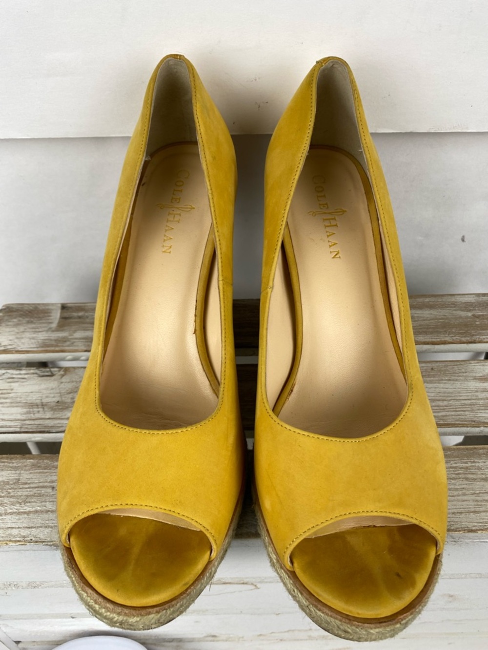 Cole Haan yellow nubuck leather Jocelyn OT peep-toe wedge shoes women’s size 8B - Picture 5 of 14